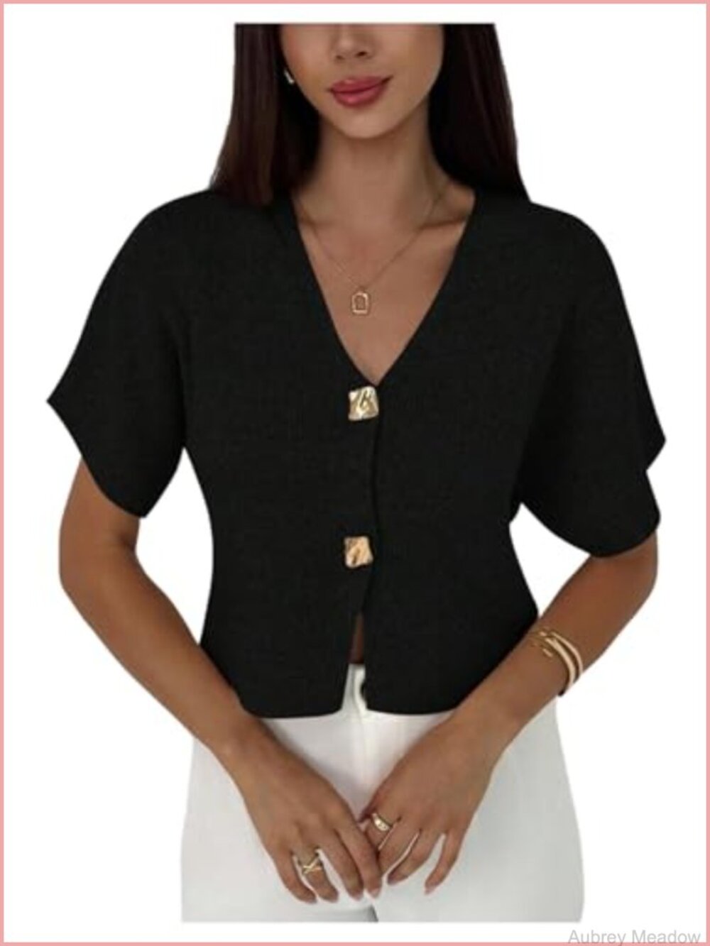 Women's Short Sleeve V Neck Button Front Rib Knit Cardigan Sweater